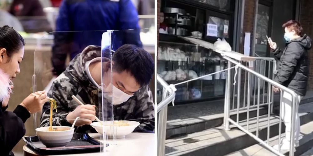 As maneiras mais estranhas (mas inteligentes) pelas quais as pessoas estão lidando com a pandemia de coronavírus em todo o mundo 2 Casal em restaurante dividido por tela e cliente recebe mercadoria entregue por rampa