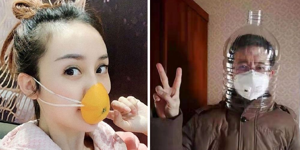 As maneiras mais estranhas (mas inteligentes) pelas quais as pessoas estão lidando com a pandemia de coronavírus em todo o mundo 3 Menina com máscara de fatia de laranja e homem com garrafa de água na cabeça