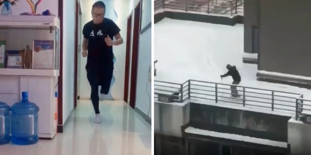 As maneiras mais estranhas (mas inteligentes) pelas quais as pessoas estão lidando com a pandemia de coronavírus em todo o mundo 4 Homens em quarentena correndo maratona indoor e esquiando no telhado