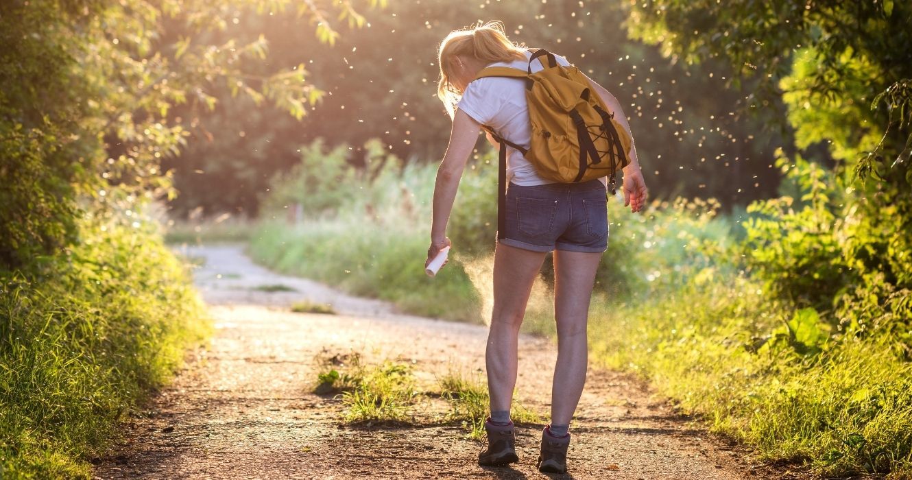 A nova previsão de pragas da Accuweather protege os caminhantes de carrapatos e mosquitos 1 um alpinista pulverizando para insetos