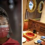 a boy wears a face mask made out of a water bottle, a chef wears a protective medical mask