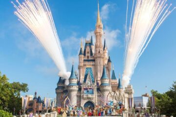 cinderella's castle with fireworks in the background
