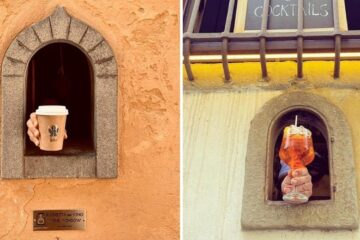 handing wine and coffee through wine windows in italy