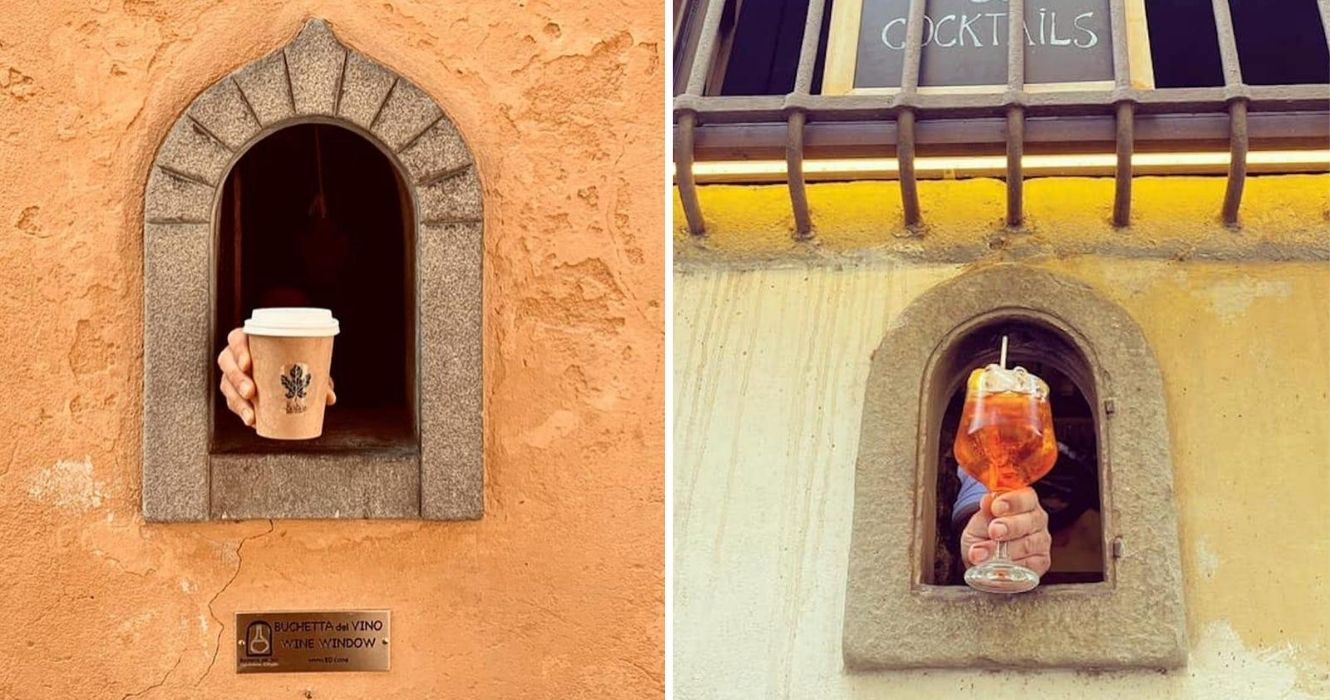da Itália "Janelas de vinho" Datam da era medieval e estão sendo usados novamente 1 entregando vinho e café em vitrines na Itália