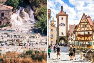 some people visit an outdoor spa in europe, a fancy european town