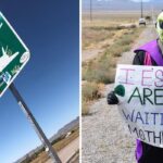 the sign for extraterrestrial highway in nevada, someone dresses up like an alien as a joke