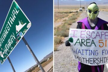 the sign for extraterrestrial highway in nevada, someone dresses up like an alien as a joke
