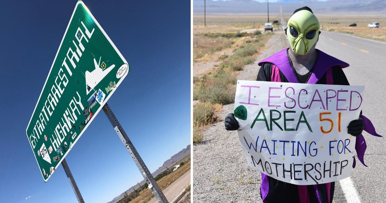 10 coisas que só recentemente vieram à tona sobre a Área 51 1 o sinal de estrada extraterrestre em nevada, alguém se veste como um alienígena como uma piada