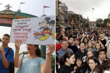 a protest happens at disneyland, a crowded day at disneyland
