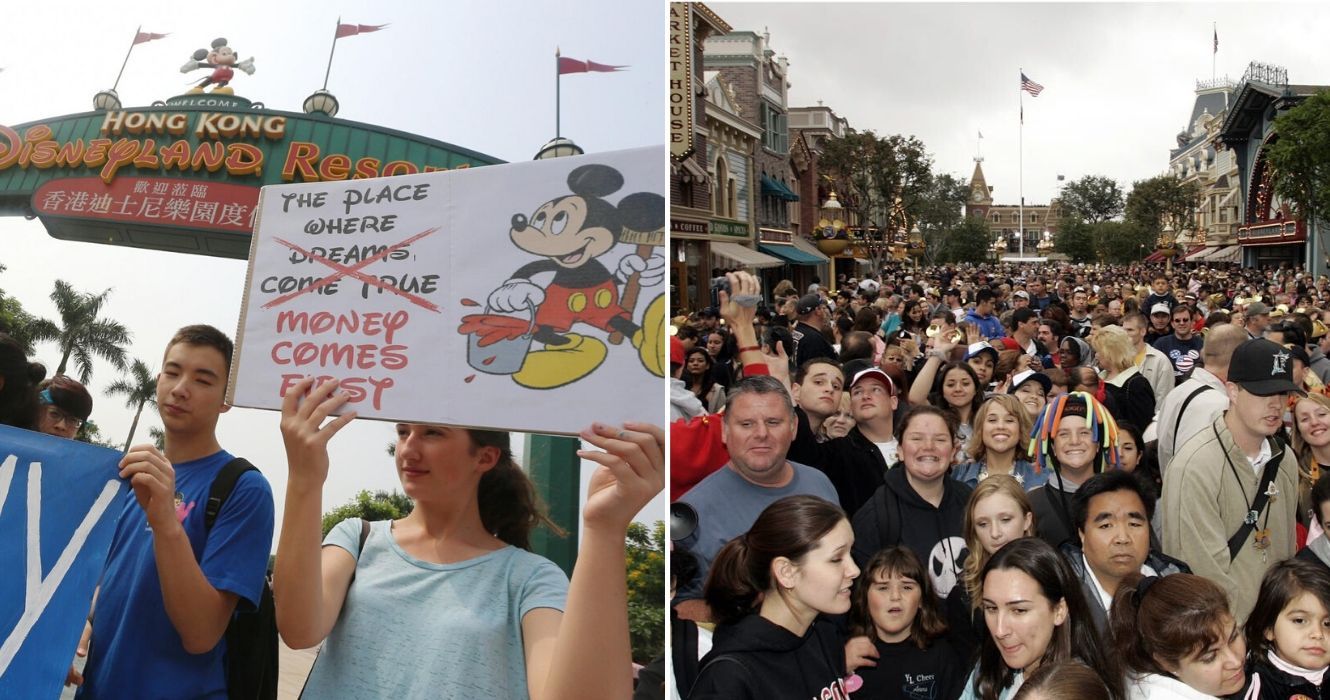 10 fotos que mostram como uma viagem à Disneylândia pode ser decepcionante 1 um protesto acontece na disneyland, um dia lotado na disneyland