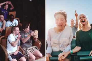 two friends try to play jenga on a roller coaster, a woman freaks out on a roller coaster ride