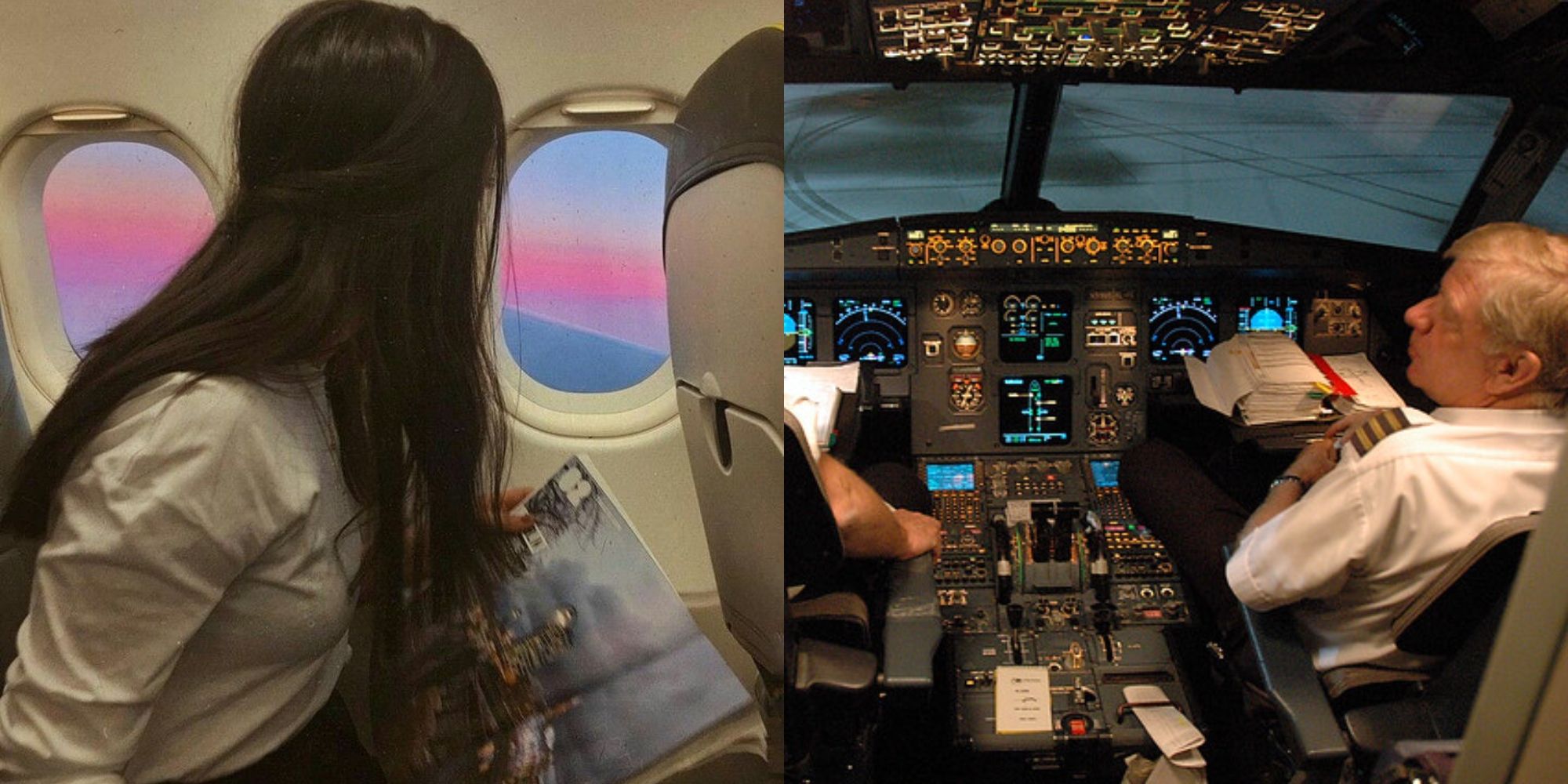 menina sentada no avião e piloto sentado no cockpit do avião