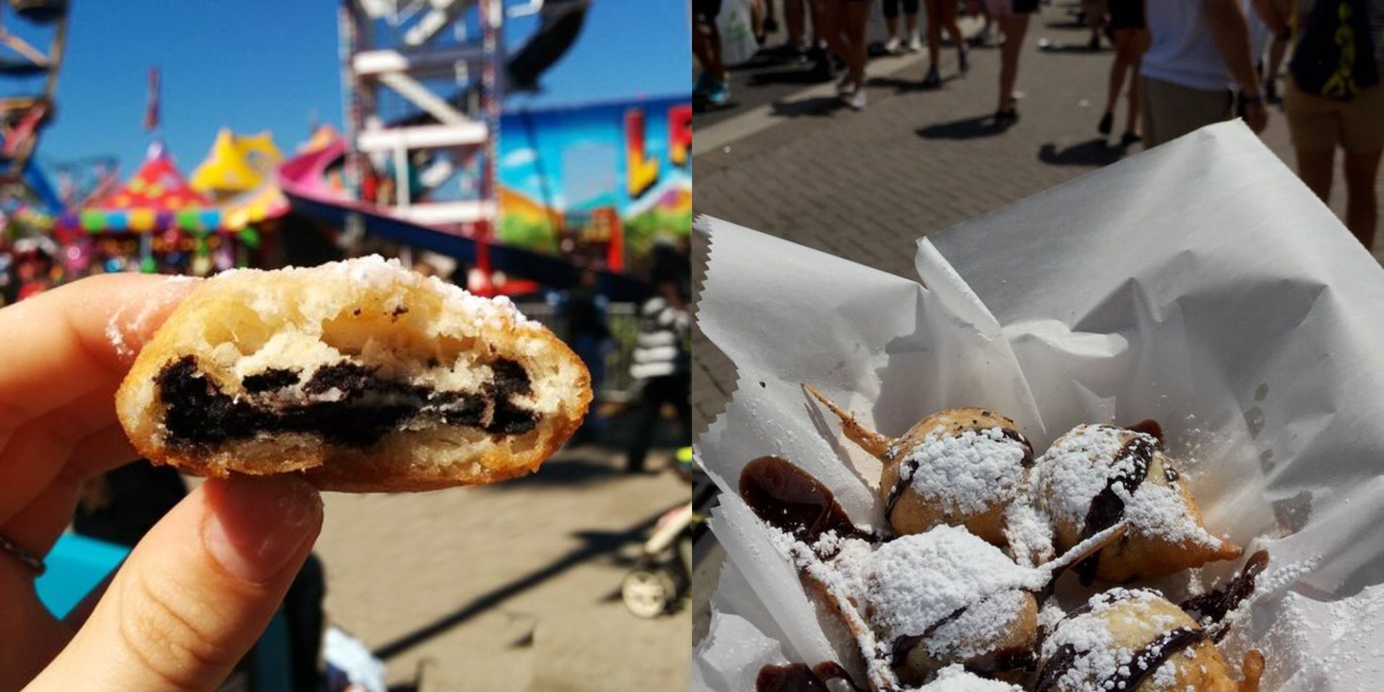 Você vai querer comer a comida nessas feiras estaduais americanas 3 mão segurando buckeyes fritos e buckeyes fritos em papel branco