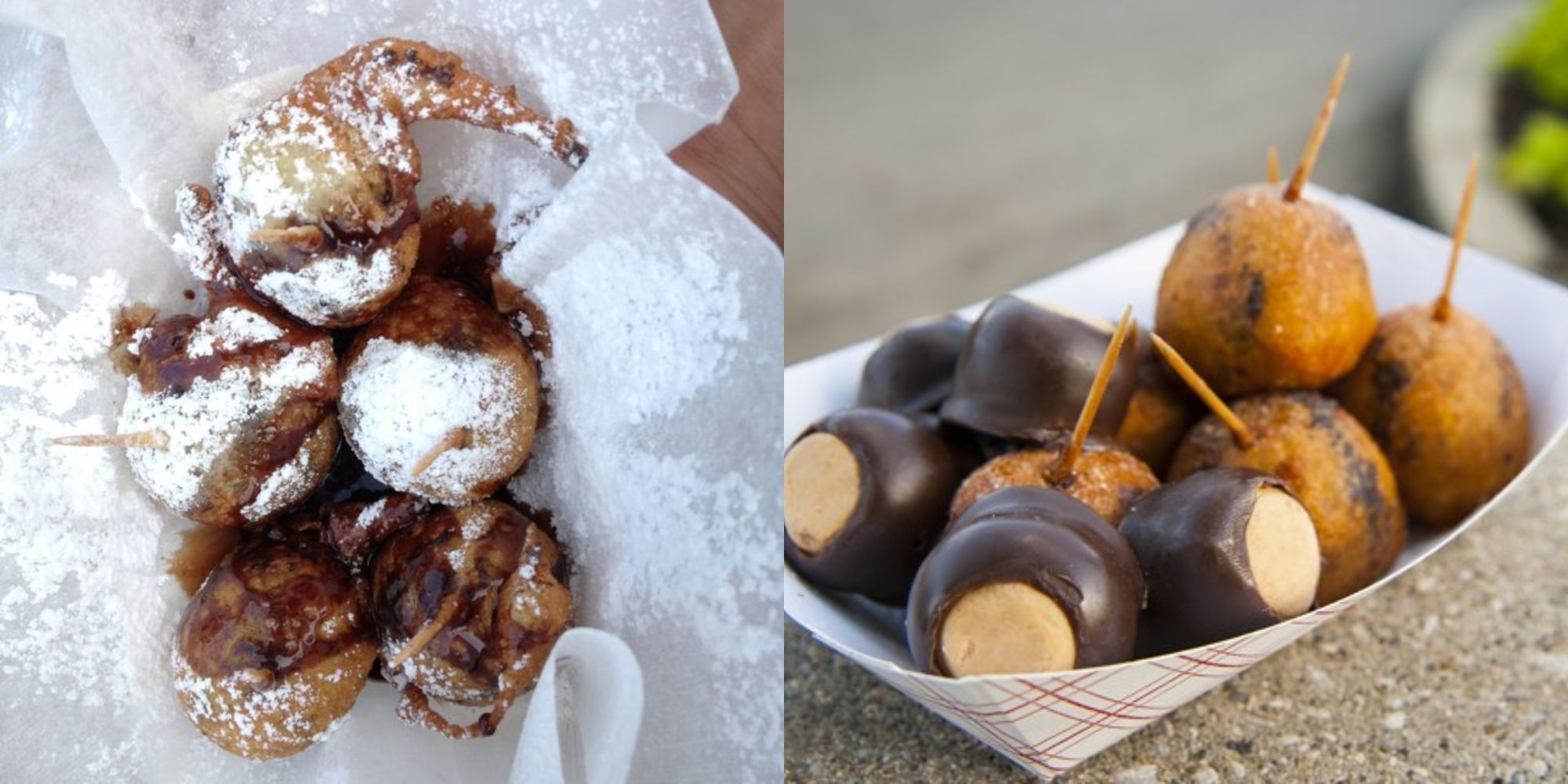 Você vai querer comer a comida nessas feiras estaduais americanas 2 buckeyes fritos em papel branco e em caixa branca fora