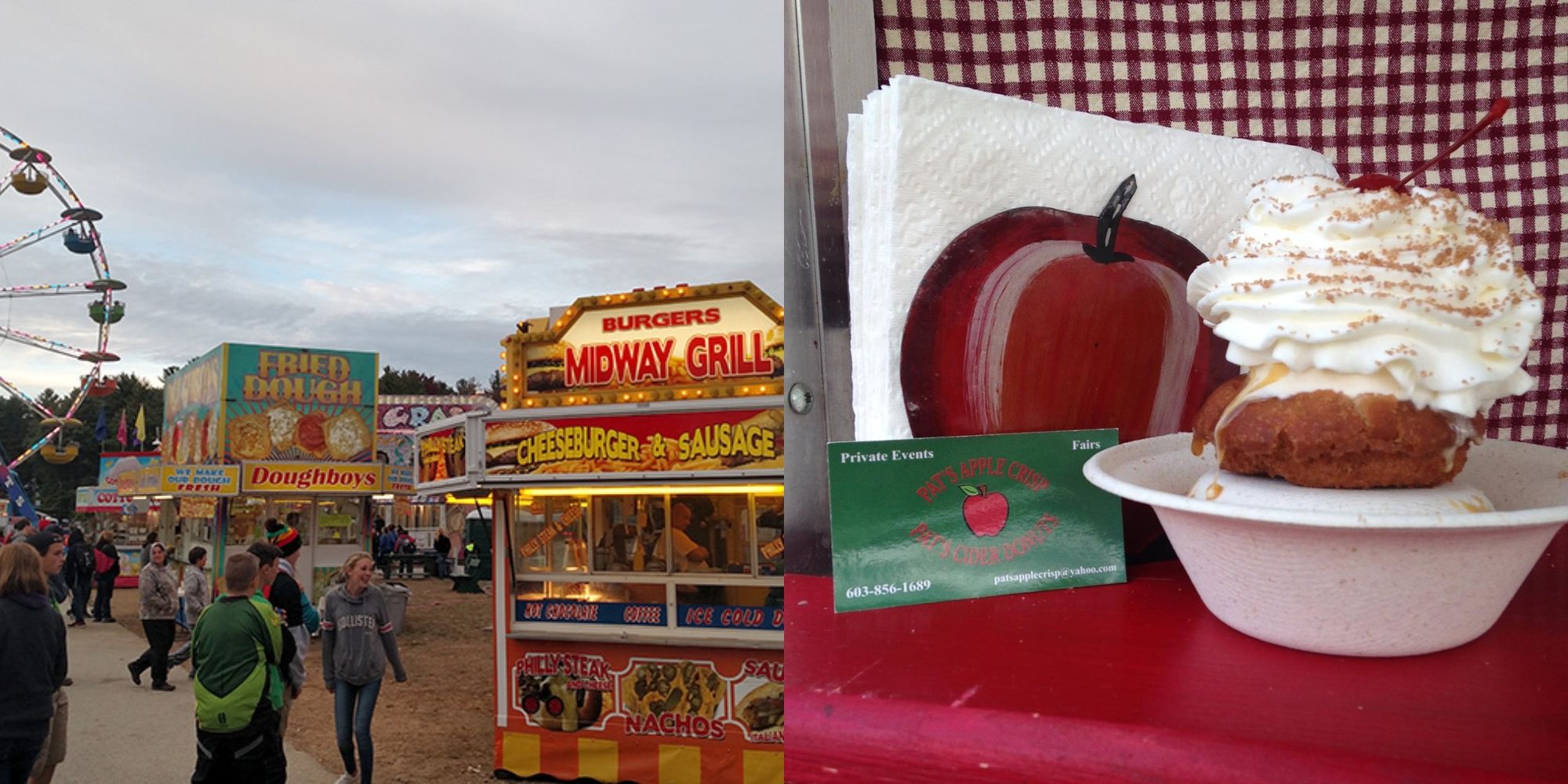 Você vai querer comer a comida nessas feiras estaduais americanas 6 pessoas andando pela feira do estado de new hampshire e rosquinha de cidra de maçã em uma tigela com chantilly na mesa