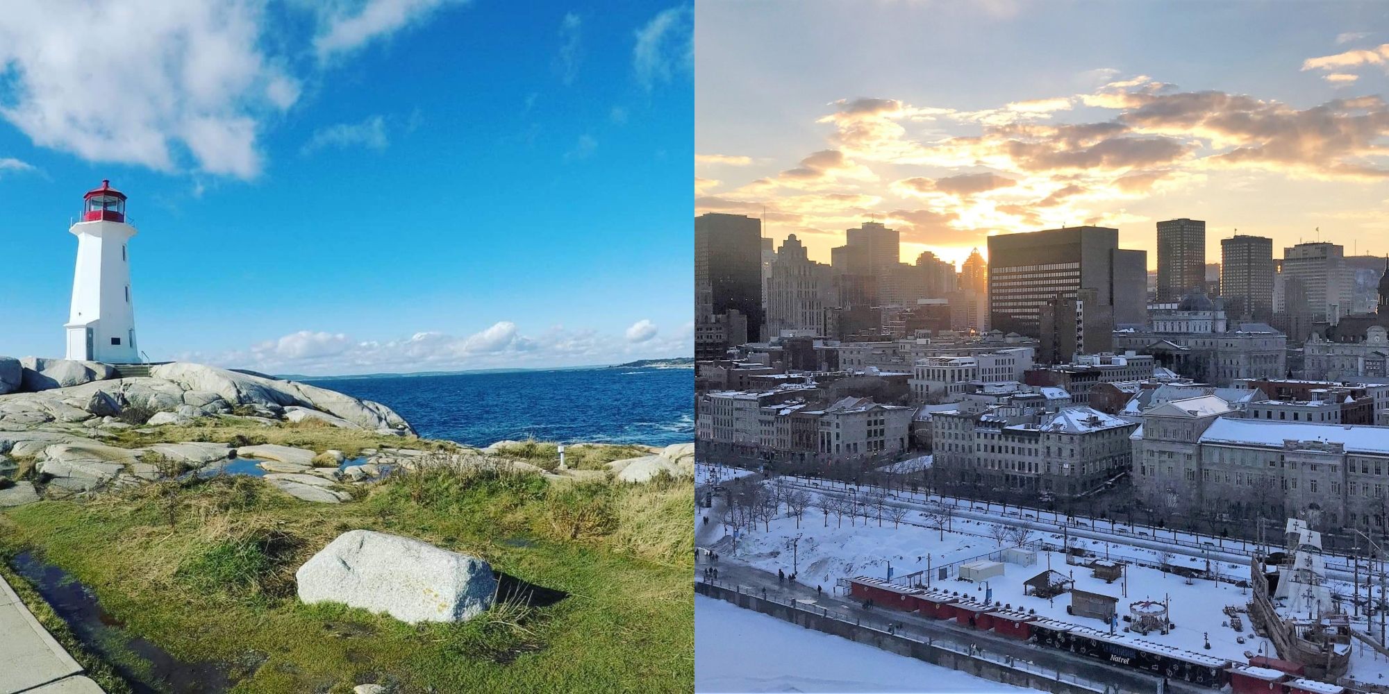 Estes são os lugares mais populares para os americanos viajarem 3 farol de peggy's cove água e prédios de montreal e neve