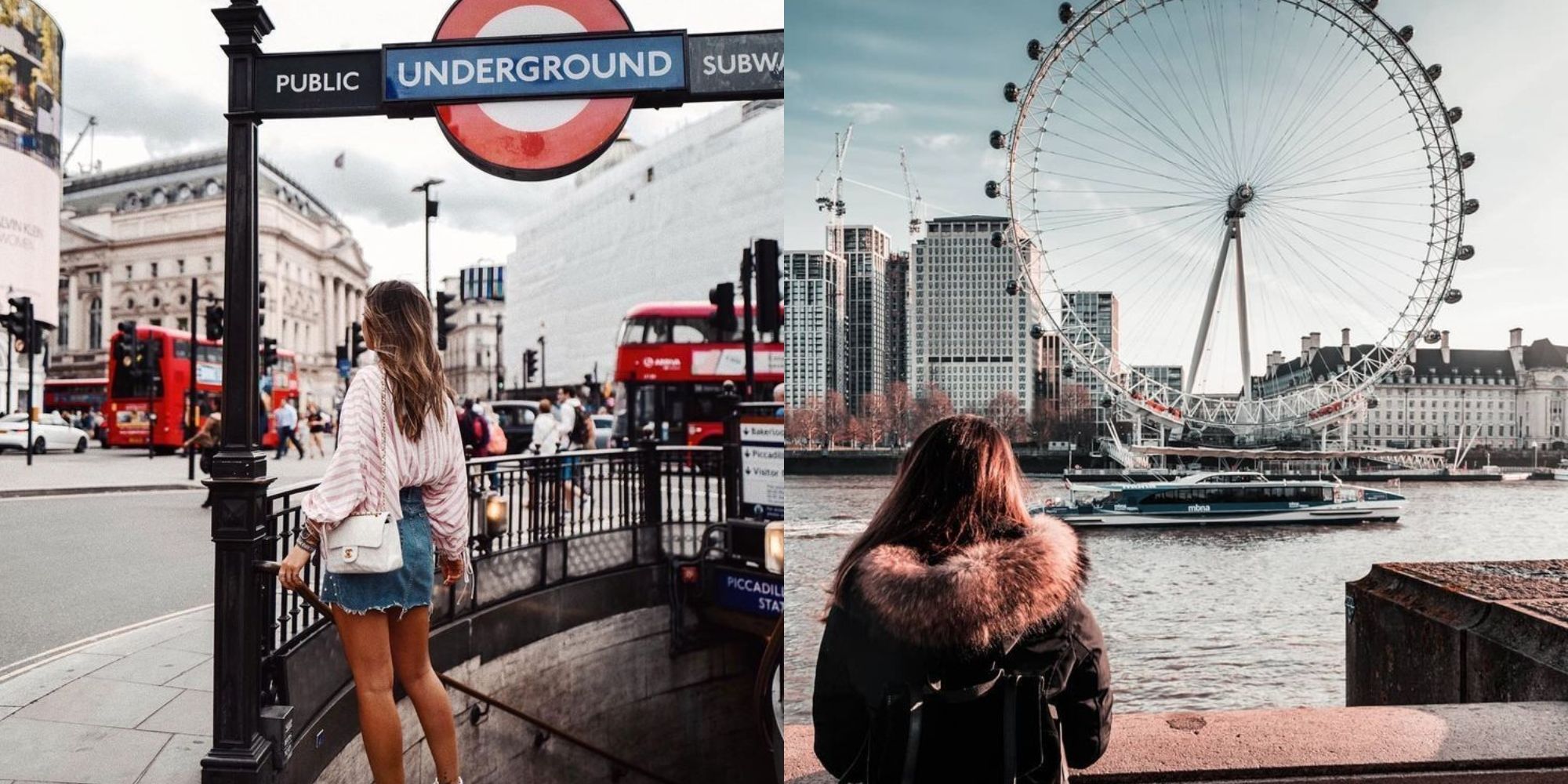 Estes são os lugares mais populares para os americanos viajarem 6 menina parada na frente da entrada da estação de metrô subterrânea de londres e menina parada na frente da água e do london eye
