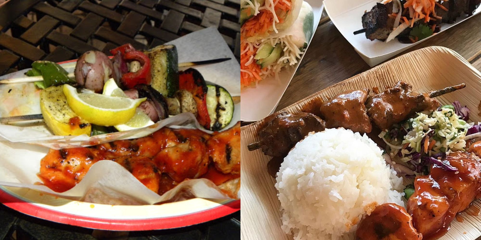 Confira a comida mais saudável da Disneylândia 7 frango e legumes em espetos e arroz em pratos no churrasco de bengala na disneylândia