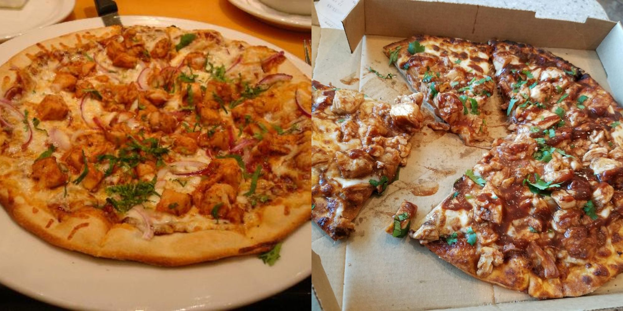 Pratos mais pedidos em restaurantes dos EUA 4 pizza de frango para churrasco no prato branco e pizza na caixa da california pizza kitchen