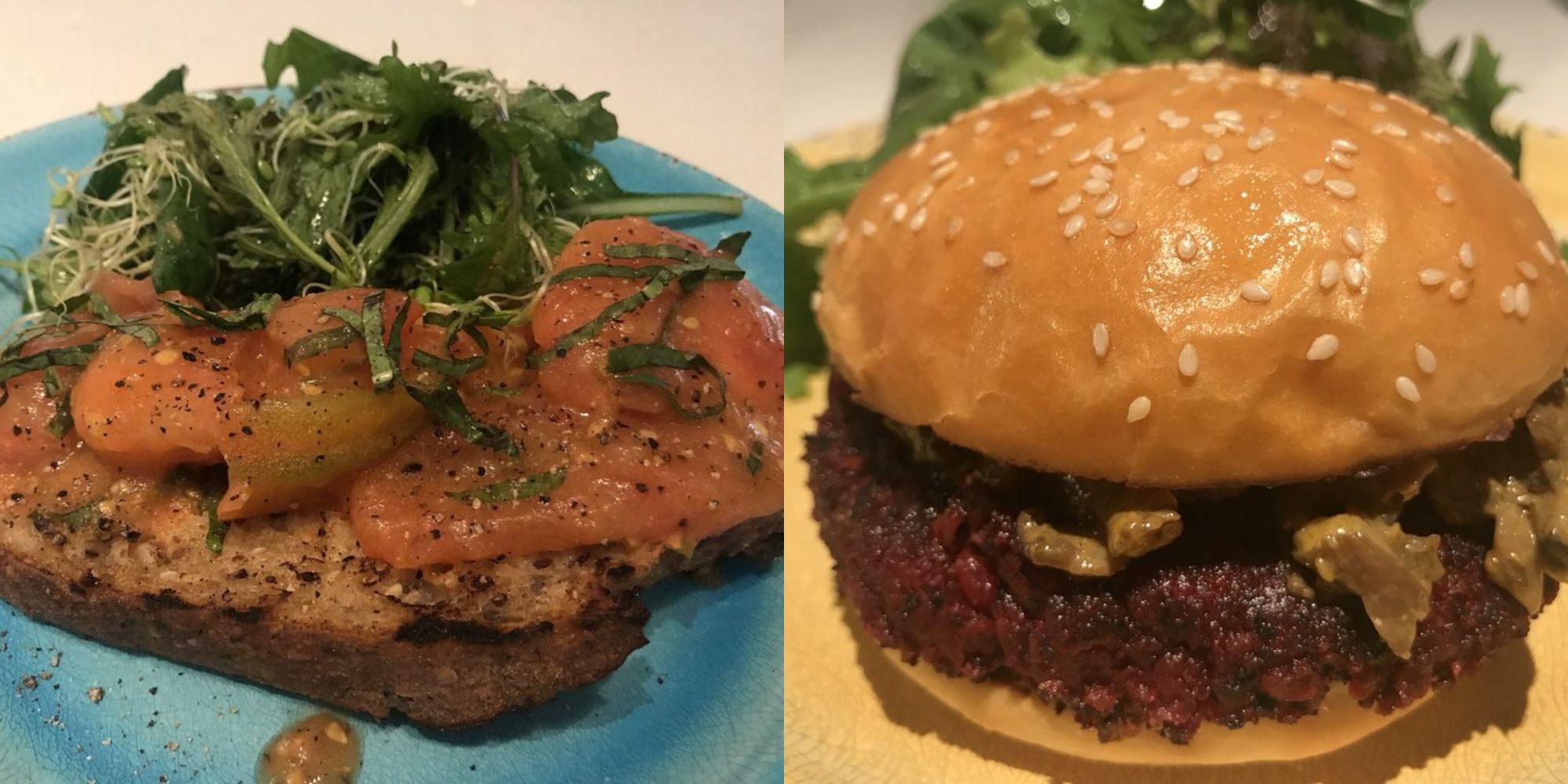 torradas com coberturas e hambúrguer vegetariano
