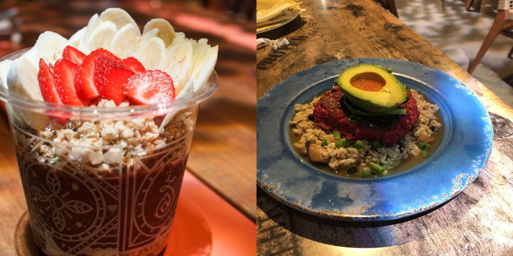 tigela de acail com frutas e comida na mesa