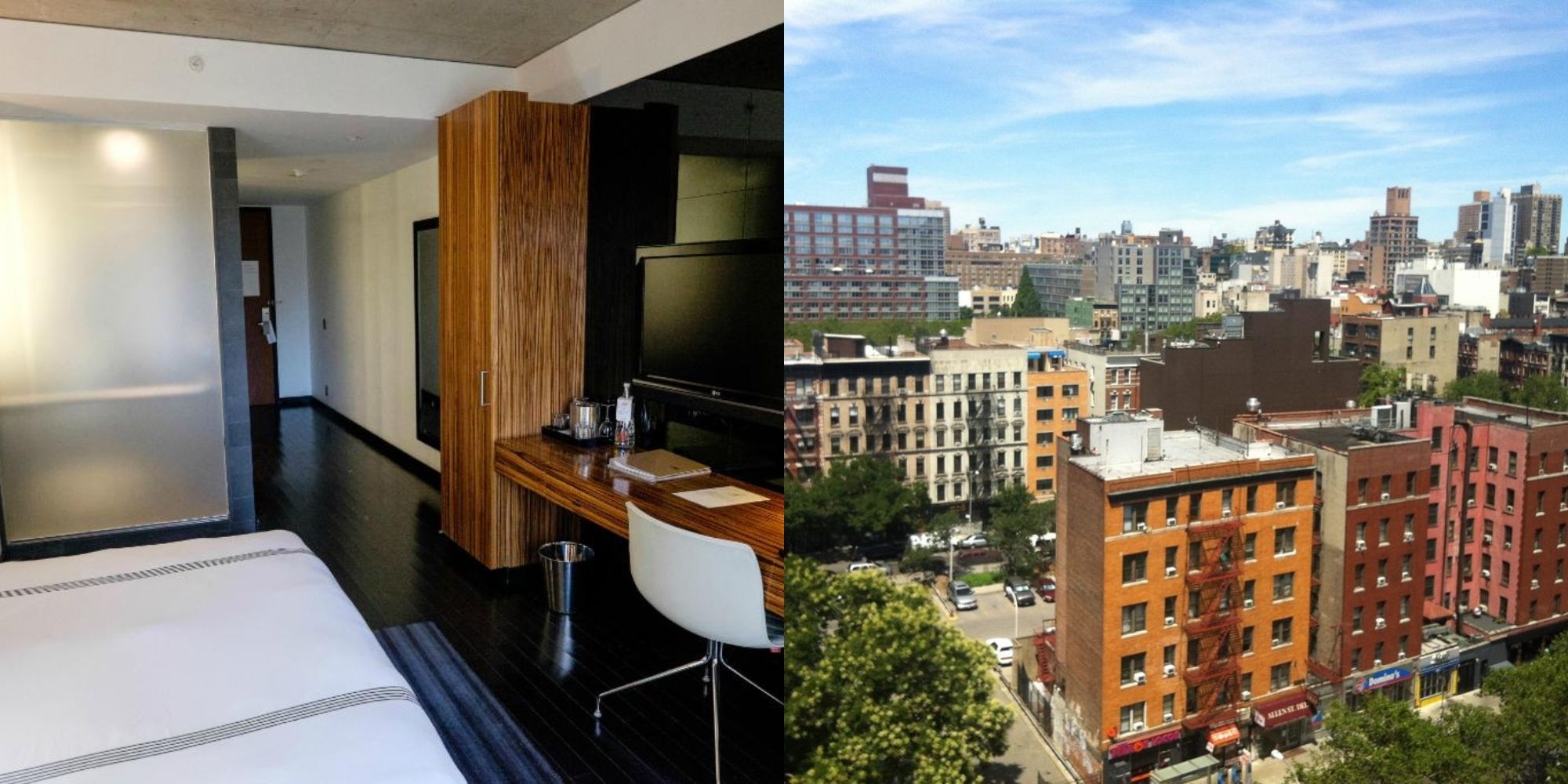 quarto de hotel e vista dos edifícios das árvores do céu da cidade de nova york