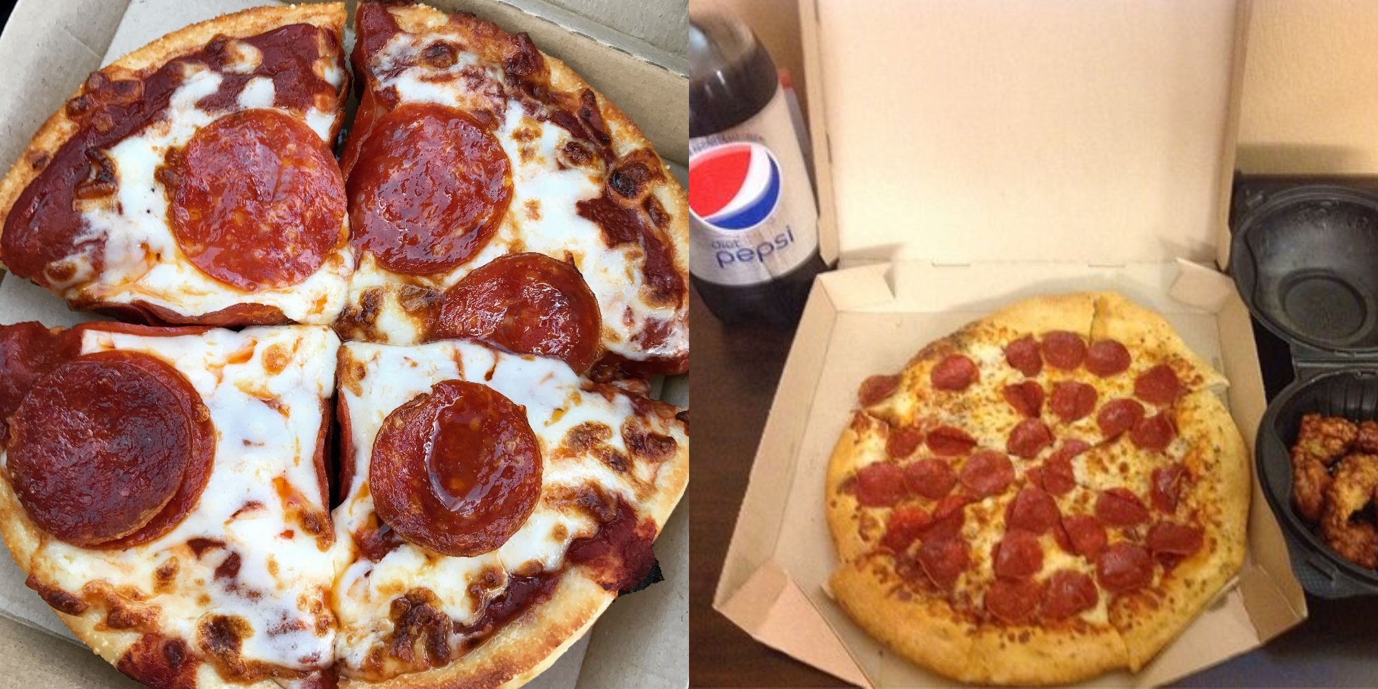 pizza de pepperoni e garrafa de pepsi pizza de pepperoni em asas de caixa de papelão