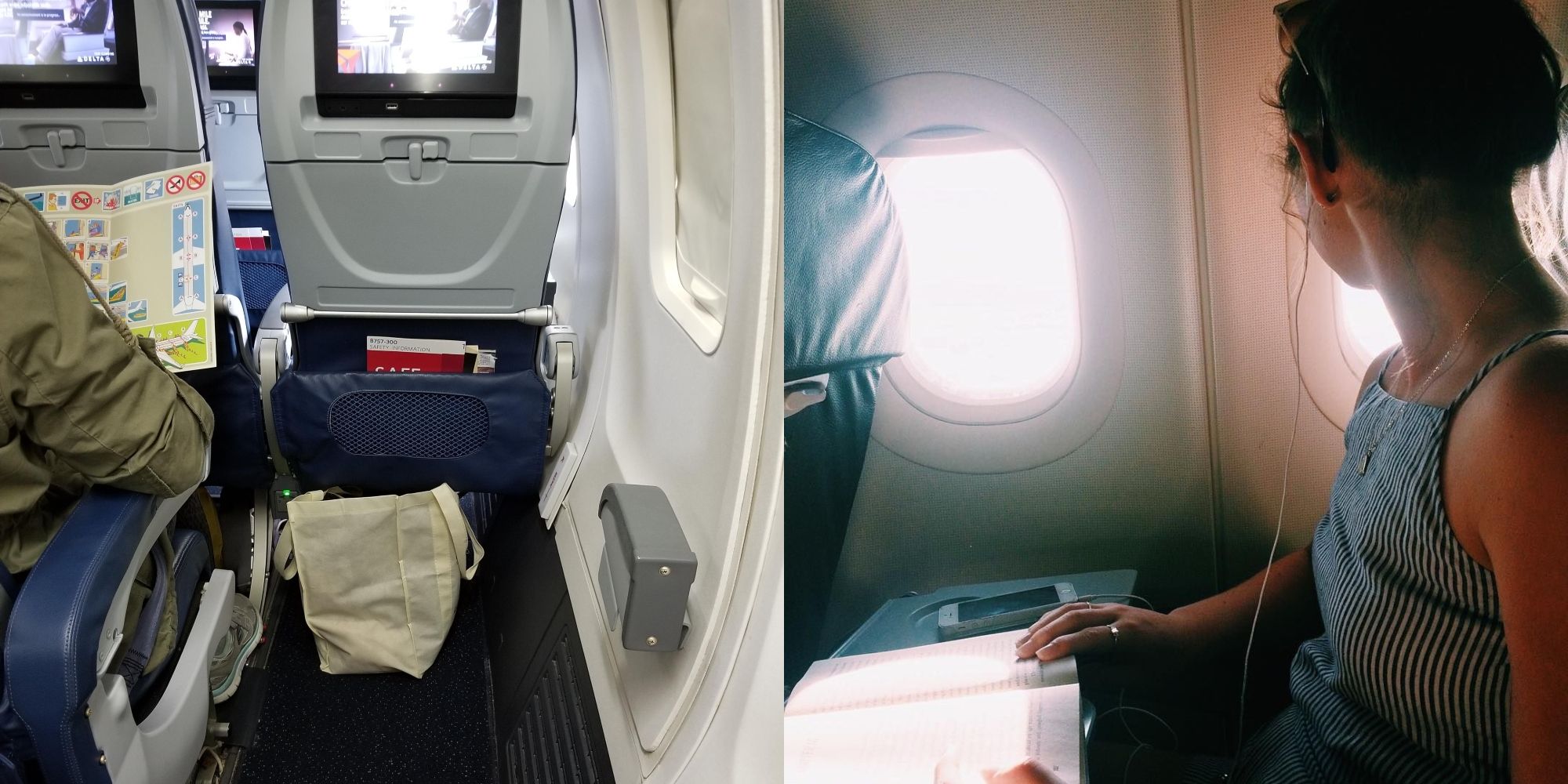 Tudo o que precisamos saber sobre germes em aviões 4 assentos no avião e menina sentada no avião usando fones de ouvido lendo um livro