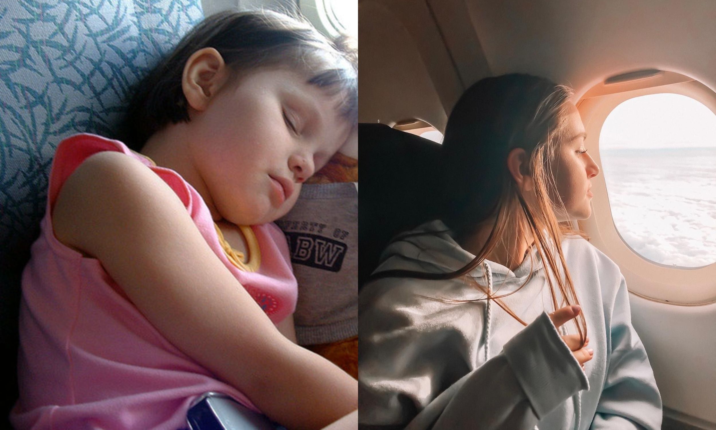 menina dormindo no assento do avião e menina sentada no avião vestindo moletom e olhando pela janela