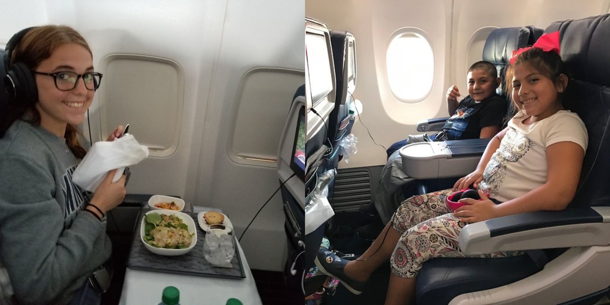 menina sentada no avião com fones de ouvido na comida na mesa da bandeja e duas crianças sentadas em assentos de avião