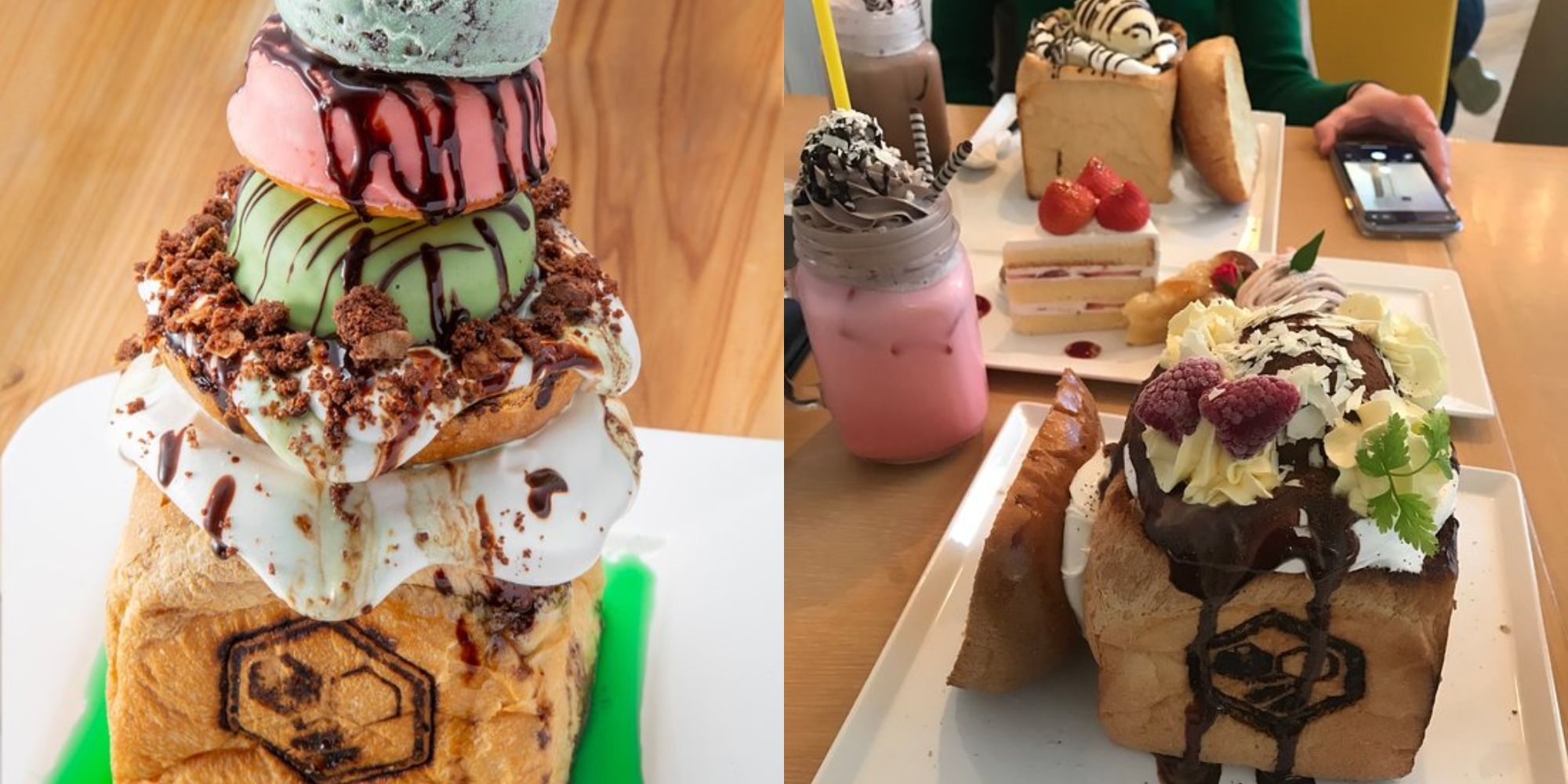 Você vai querer viajar para essas deliciosas sobremesas japonesas 3 coberturas de torradas de mel bolas de sorvete e torradas de mel na mesa com outras sobremesas