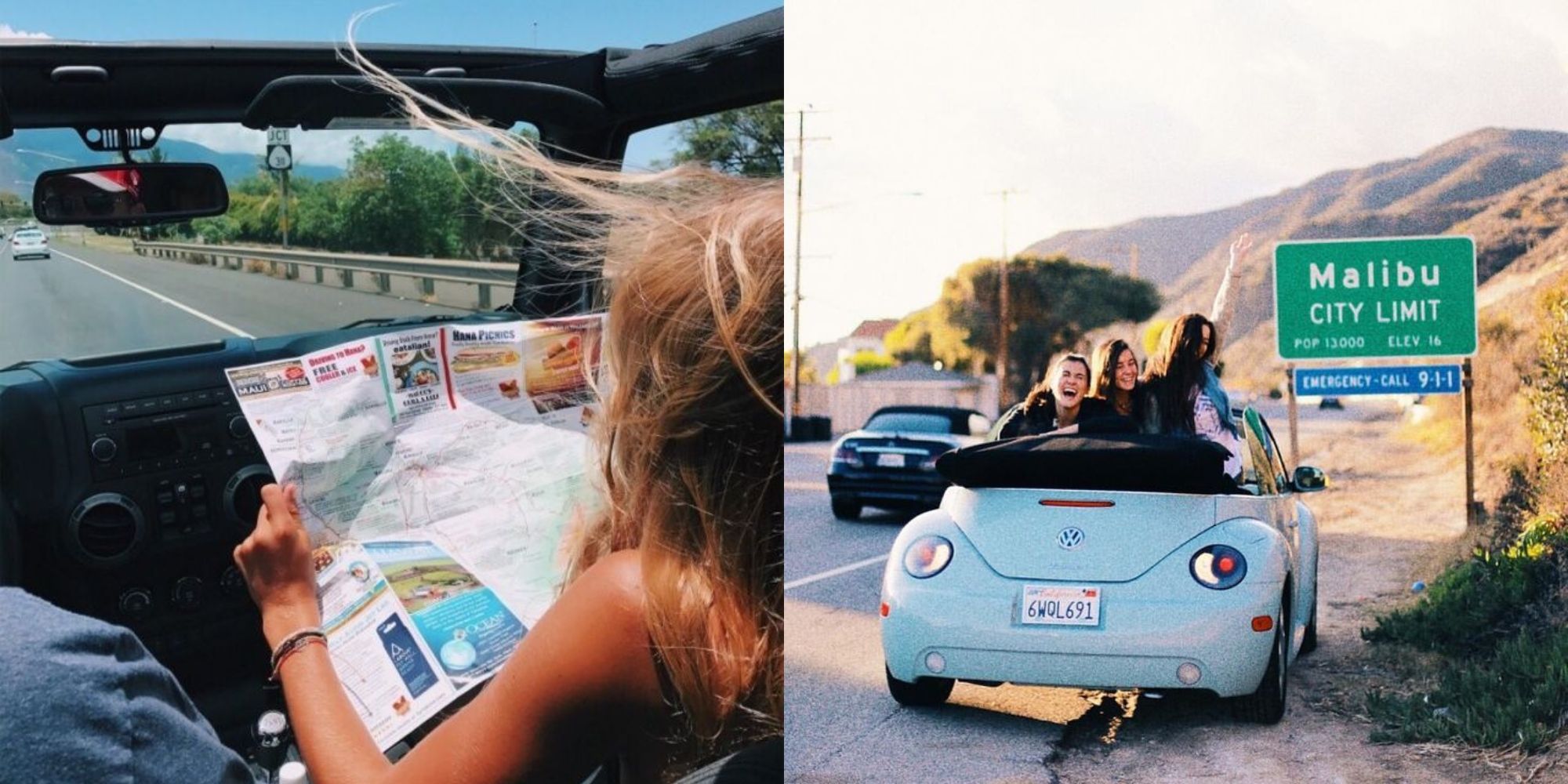 Ao planejar uma viagem, considere estes erros que as pessoas costumam cometer 2 menina lendo mapa no carro e amigos no carro em viagem perto de sinal de estrada