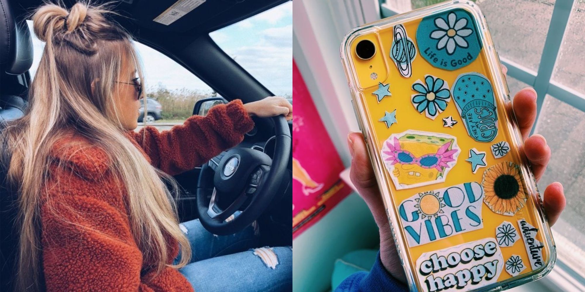 Ao planejar uma viagem, considere estes erros que as pessoas costumam cometer 7 menina com cabelo loiro dirigindo e mão segurando um celular amarelo colorido com adesivos nele