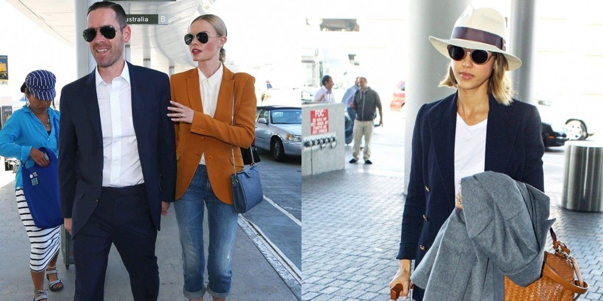 Você pode ficar tentado a usar suas roupas mais confortáveis em um voo, mas considere isso 4 kate bosworth e jessica alba do lado de fora do aeroporto vestindo blazers
