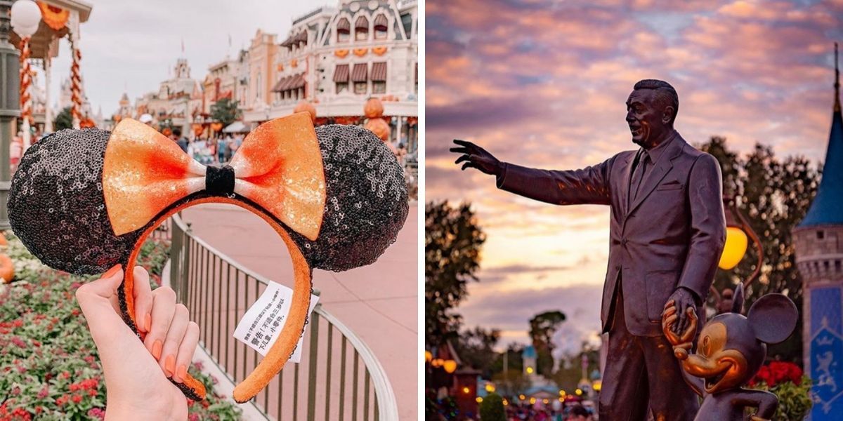 Orelhas do rato Mickey e uma estátua de Walt Disney na Disney World na Flórida