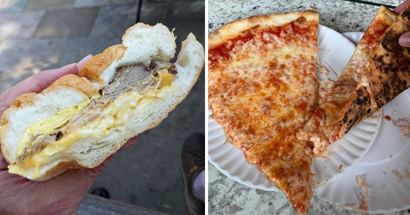 Estas fotos são as coisas mais nova-iorquinas, de acordo com os nova-iorquinos 2 um sanduíche de ovo e uma fatia de pizza de NYC