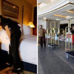 hotel employees wear face masks and clean rooms