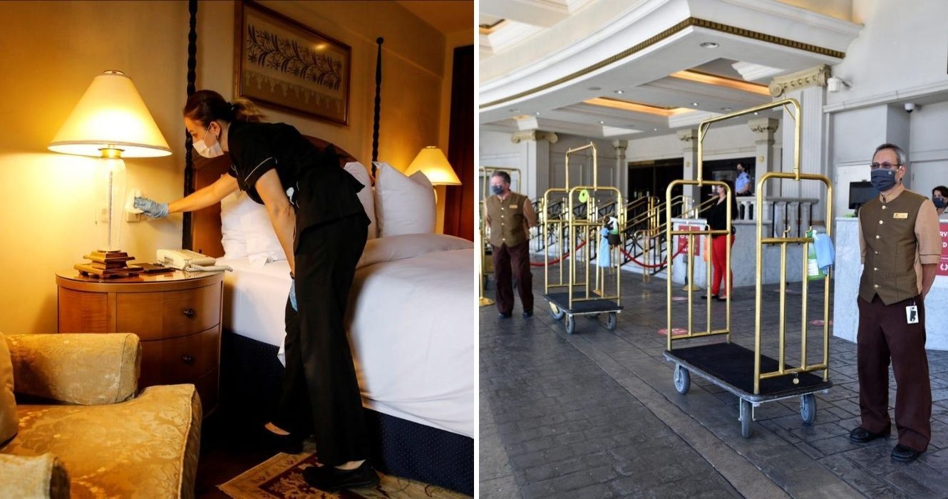 A Marriott agora exige que os hóspedes usem máscaras, e aqui estão algumas outras maneiras de praticar a segurança do hotel 1 funcionários do hotel usam máscaras faciais e quartos limpos