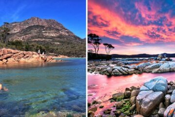 a woman swimming in wineglass bay, the bay of fires at sunset