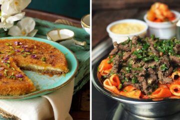 an egyptian dessert called konofa, grilled meat called kebda