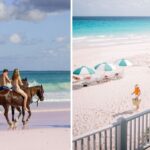 a couple rides a horse on the beach, a hotel rental in harbour island, bahamas