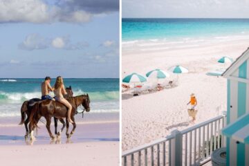 a couple rides a horse on the beach, a hotel rental in harbour island, bahamas