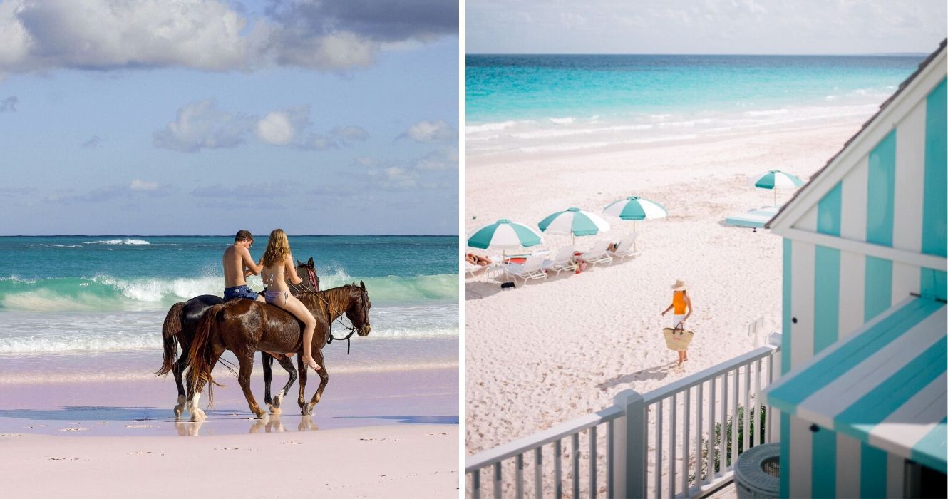 A ilha Harbour das Bahamas tem mais a oferecer do que a praia Pink Sands: veja o que os turistas podem fazer 1 um casal anda a cavalo na praia, um hotel alugado em harbour island, bahamas