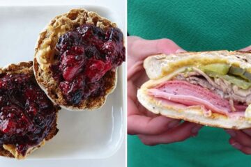 an english muffin with jam, a cuban sandwich