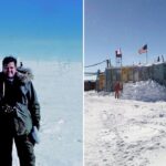 a man takes a photo next to the vostok sign, the vostok station in antarctica