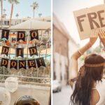 a banner for a divorce party with balloons and confetti, two girls walking down the street with a freedom sign