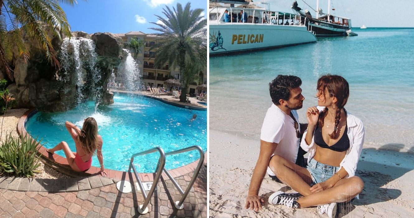 Aruba tem mais a oferecer do que apenas praias e resorts com tudo incluído 1 uma garota relaxa na piscina em aruba, um casal senta na praia em aruba antes de embarcar em um barco
