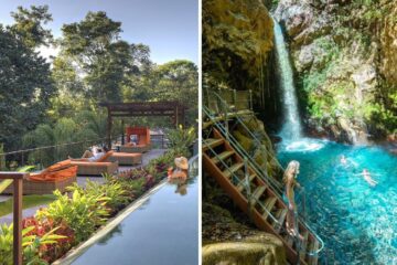 lounging by the pool at a resort in costa rica, swimmers dive into a natural pool at Rincón de la Vieja Volcano National Park
