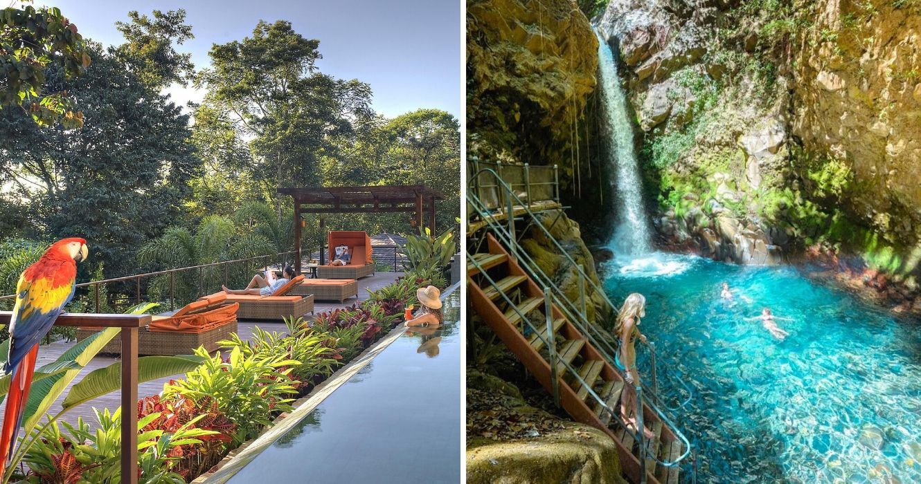 As avaliações do Trip Advisor confirmam: esses resorts com tudo incluído na Costa Rica valem o preço 1 relaxando à beira da piscina em um resort na costa rica, nadadores mergulham em uma piscina natural no Parque Nacional do Vulcão Rincón de la Vieja