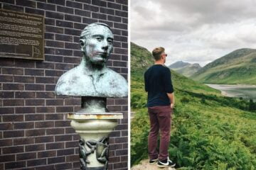 a statue in the republic of ireland, a man looks out over the hills of northern ireland